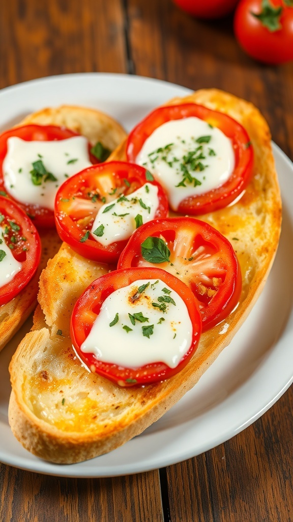Cheesy Garlic Bread with Tomatoes Cheesy garlic bread with tomatoes, golden brown and garnished with herbs on a rustic plate.